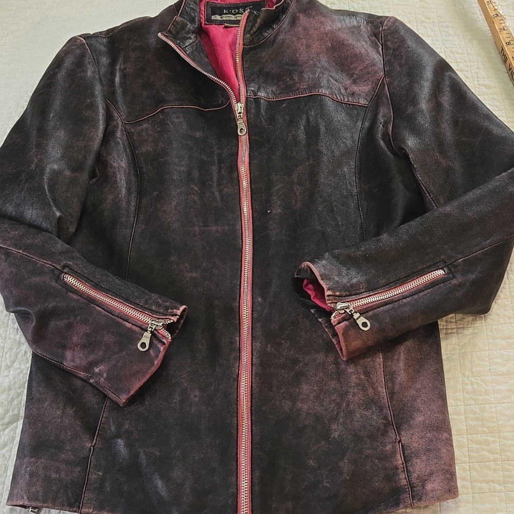 K OSS Womens Rasperry And Brown Distressed Leather Jacket Size Large - Picture 8 of 15